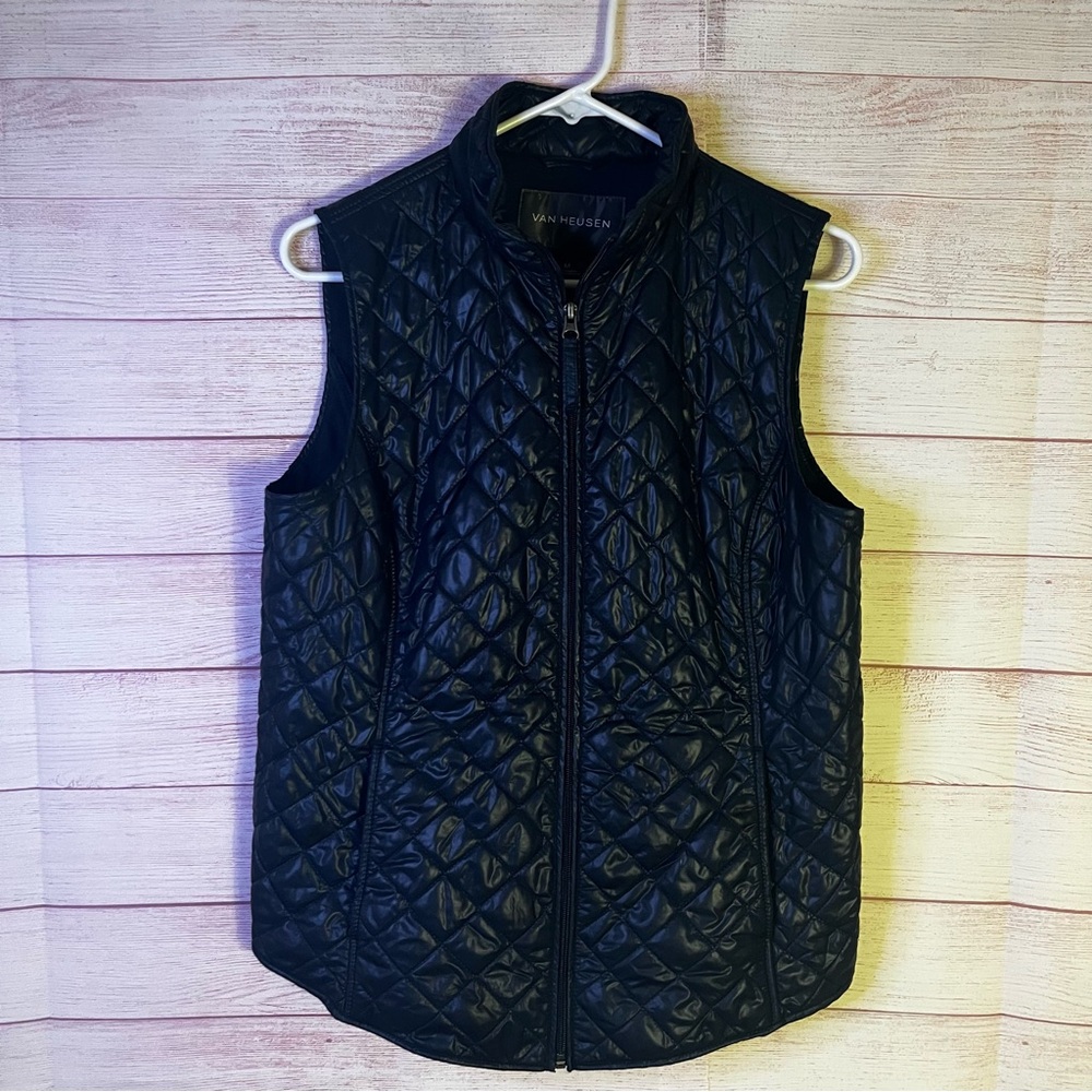 Van Heusen Navy Blue‎ Full Zipper 100% Polyester Quilted Pocket Vest Size Medium